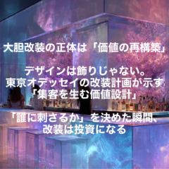 大胆改装の正体は「価値の再構築」。デザインは飾りじゃない。東京オデッセイの改装計画が示す「集客を生む価値設計」。「誰に刺さるか」を決めた瞬間、改装は投資になる。